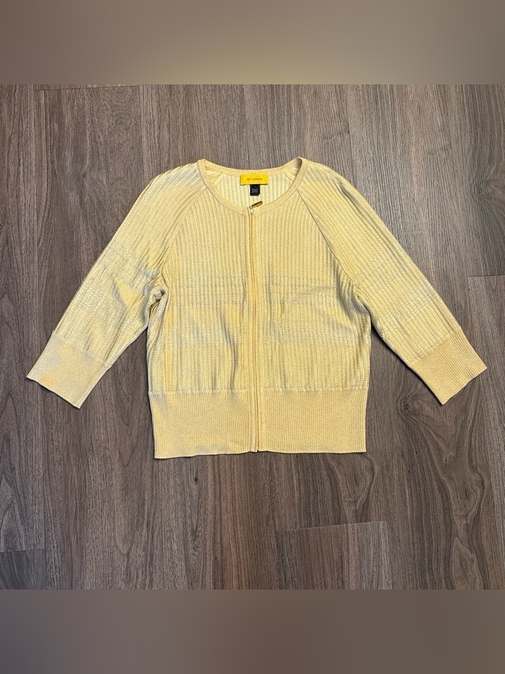 St. John yellow and gold metallic 3/4 sleeve zip front knit cardigan large